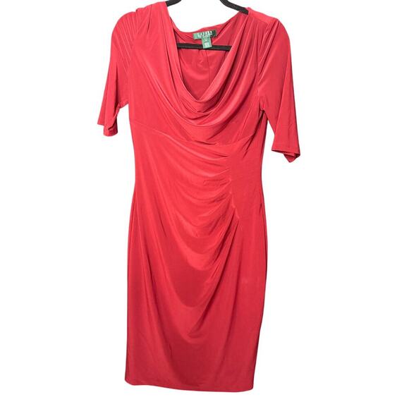 Lauren Ralph Lauren Red Cowl Neck Sheath Dress - Half Sleeve Ruched Side Size 8 - Picture 1 of 3
